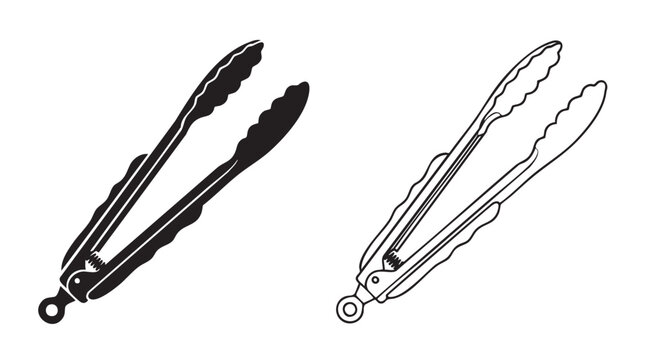 black vector silhouette with line art pair icon of bbq tongs