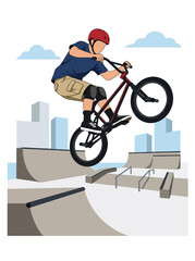 Obraz premium Flat style vector illustration of a male BMX rider performing an aerial trick above a freestyle park ramp. Perfect for cycling, extreme sports, recreation, youth culture and action designs