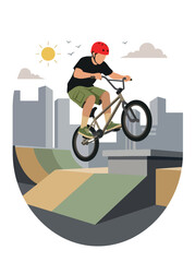 Obraz premium Flat style vector illustration of a male BMX rider performing an aerial trick above a freestyle park ramp. Perfect for cycling, extreme sports, recreation, youth culture and action designs