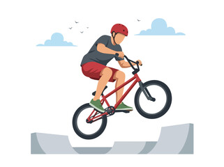 Obraz premium Flat style vector illustration of a male BMX rider performing an aerial trick above a freestyle park ramp. Perfect for cycling, extreme sports, recreation, youth culture and action designs