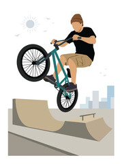 Obraz premium Flat style vector illustration of a male BMX rider performing an aerial trick above a freestyle park ramp. Perfect for cycling, extreme sports, recreation, youth culture and action designs
