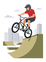 Obraz premium Flat style vector illustration of a male BMX rider performing an aerial trick above a freestyle park ramp. Perfect for cycling, extreme sports, recreation, youth culture and action designs