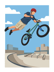 Obraz premium Flat style vector illustration of a male BMX rider performing an aerial trick above a freestyle park ramp. Perfect for cycling, extreme sports, recreation, youth culture and action designs