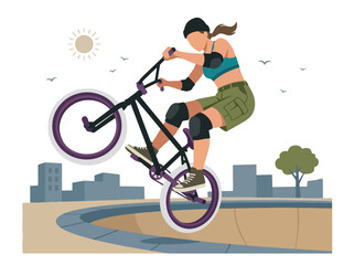 Obraz premium Flat style vector illustration of a female BMX rider performing a jump in an urban skatepark under sunny skies. Perfect for cycling, extreme sports, recreation, youth lifestyle and fitness designs