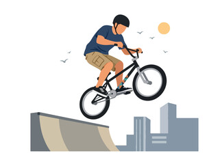 Obraz premium Flat style vector illustration of a male BMX rider performing an aerial trick above a freestyle park ramp. Perfect for cycling, extreme sports, recreation, youth culture and action designs