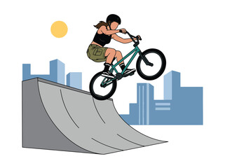 Obraz premium Flat style vector illustration of a female BMX rider performing a jump in an urban skatepark under sunny skies. Perfect for cycling, extreme sports, recreation, youth lifestyle and fitness designs