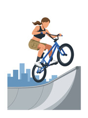 Obraz premium Flat style vector illustration of a female BMX rider performing a jump in an urban skatepark under sunny skies. Perfect for cycling, extreme sports, recreation, youth lifestyle and fitness designs