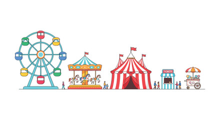 Amusement park scene with ferris wheel carousel circus tent and food cart vector illustration on white background fairground © Prosanto