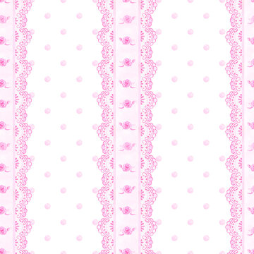 Seamless watercolor pattern with pink roses, intricate lace borders and polka dots. Romantic coquette aesthetic for vintage wedding stationery, feminine textile prints and elegant gift wrapping.
