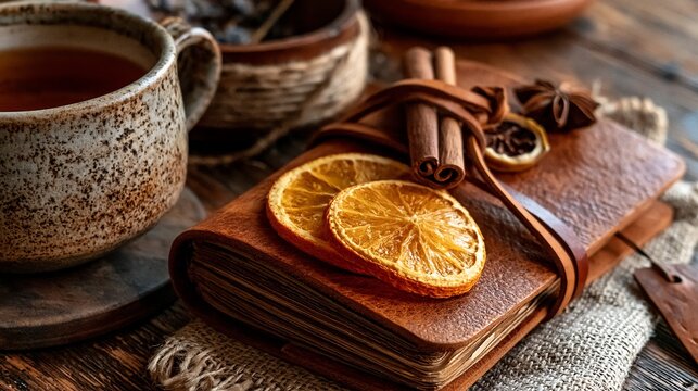 Warm autumn spices, dried orange slices, cinnamon sticks, and a rustic mug of tea on an old leather-bound journal