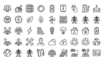 Fototapeta premium Solar Energy Renewable Technology Outline Icon Pack Editable Stroke Vector Collection