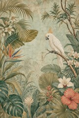 Obraz premium Vintage tropical wallpaper with a cockatoo among lush foliage and flowers.