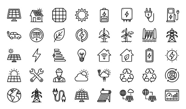 Solar Power Line Icon Collection Editable Stroke Vector
