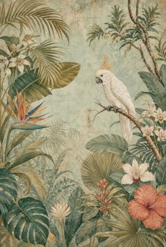 Vintage tropical wallpaper with a cockatoo among lush foliage and flowers.