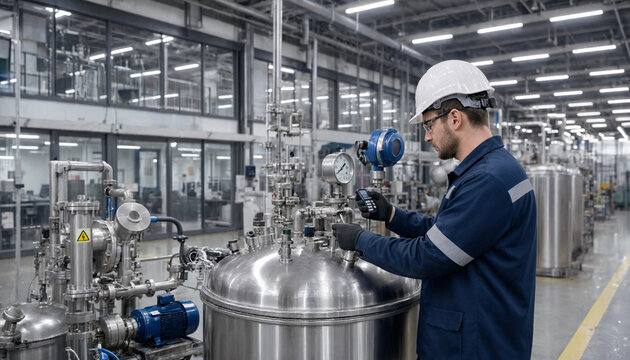 Process engineer adjusting valves on stainless steel reactor vessel in pharmaceutical or food manufacturing production plant with engineer manufacturing industrial stainless processing