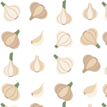 Minimalist garlic seamless pattern vector, organic vegetable bulb and clove repeating background, flat culinary food illustration for kitchen decor