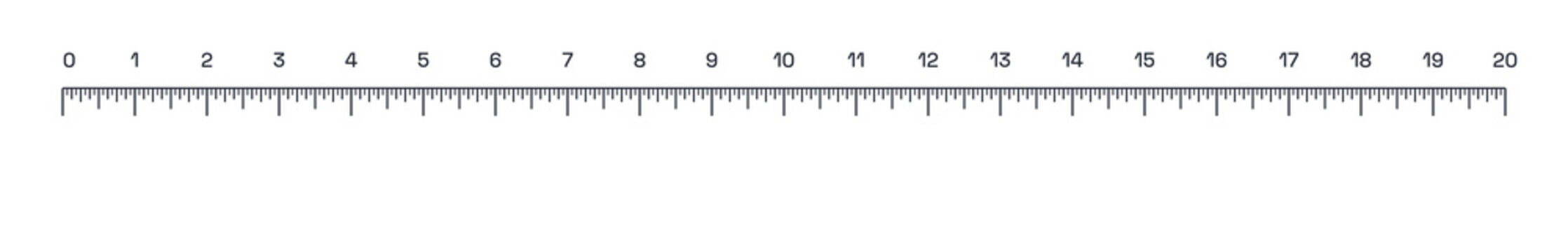 Measuring ruler scale 20 cm isolated on transparent background. Horizontal metric measurement tool with centimeter markings. Black graduation units for math or school, PNG. Design element for mockup