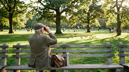 Fototapeta premium Old man with binoculars sitting on wooden bench in sunny park