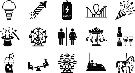 Amusement park solid icon set with ferris wheel roller coaster carnival food carousel and magic show symbols © MdRakib