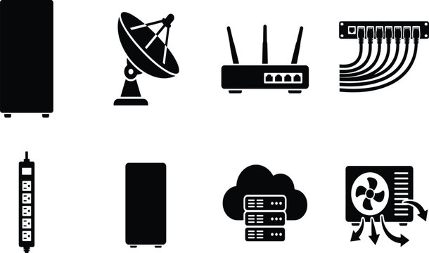 Data center and network infrastructure black silhouette icons featuring server router satellite dish ethernet patch panel and cooling fanv