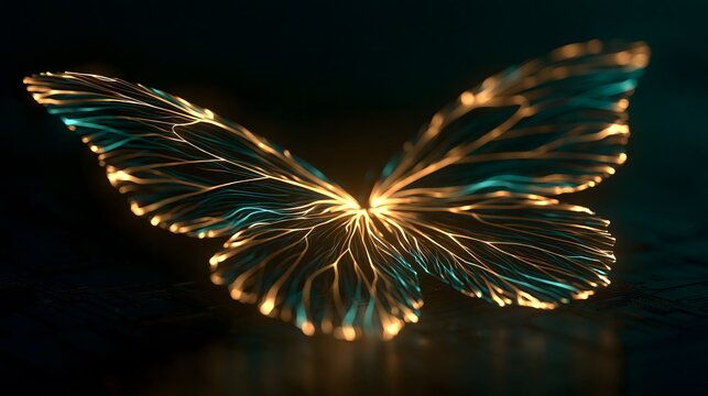 Abstract futuristic butterfly formed by glowing golden and teal light fibers on a dark electronic background