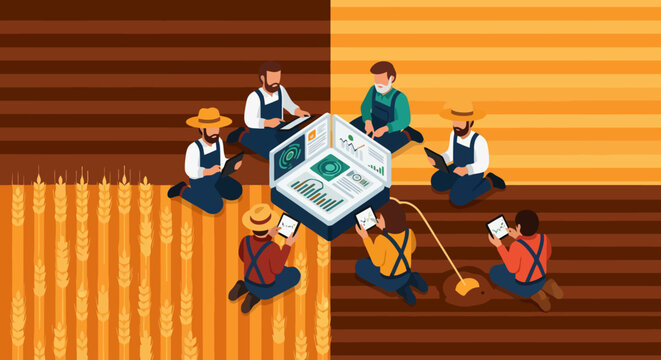 Farmers use smart farming technology to analyze crop data and manage agriculture efficiently