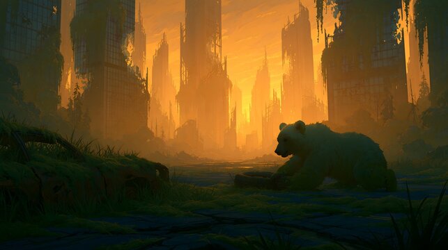 Post apocalyptic ruined city with bear wandering among overgrown skyscrapers at orange sunset