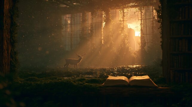 Magical post apocalyptic library overrun by nature with open book and deer in glowing sunlight rays