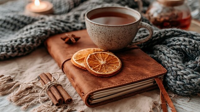 Cozy autumn evening: a warm cup of tea, a rustic notebook, dried orange slices, and cinnamon sticks create a comforting scene