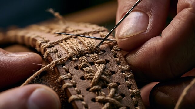 Close-up of skilled hands meticulously stitching intricate patterns into rustic brown leather, showcasing craftsmanship and artistry