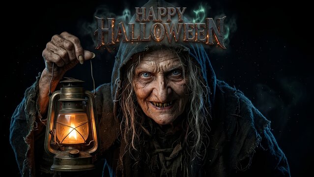 Terrifying Evil Elderly Witch Holding Vintage Lantern Halloween Horror Portrait