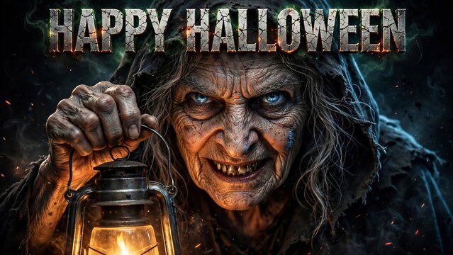 Terrifying Evil Elderly Witch Holding Vintage Lantern Halloween Horror Portrait