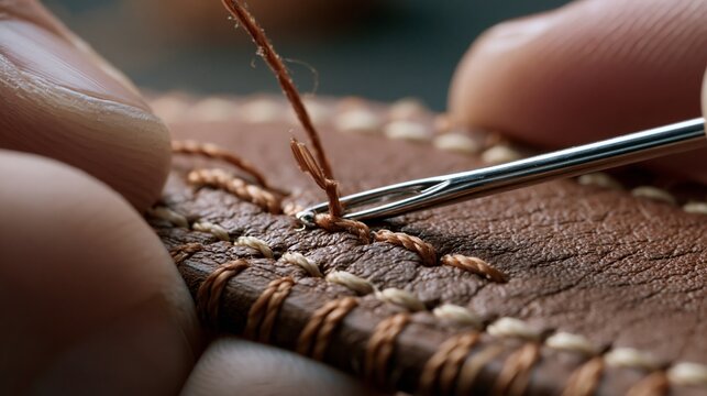 Close-up of skilled hands meticulously stitching brown leather with a needle, showcasing craftsmanship and detailed work