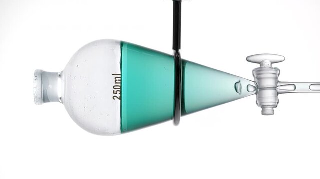 Prominent close shot of an air pocket injected into a separatory funnel containing transparent cyan fluid causing bubbles to rise inside it on smooth light grey surface