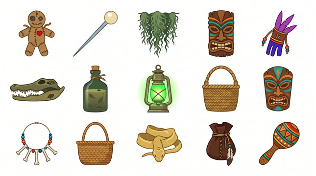 Set of voodoo ritual and swamp magic elements including tribal masks potion bottles and mystical artifacts on white background