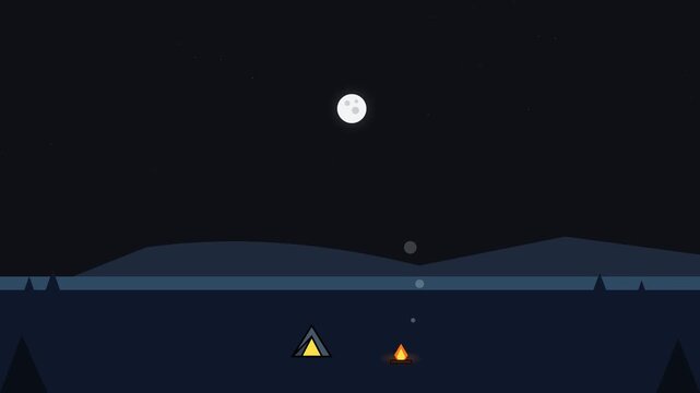 Minimalist camping tent and campfire under a glowing moon in this dark night landscape vector animation motion graphic video
