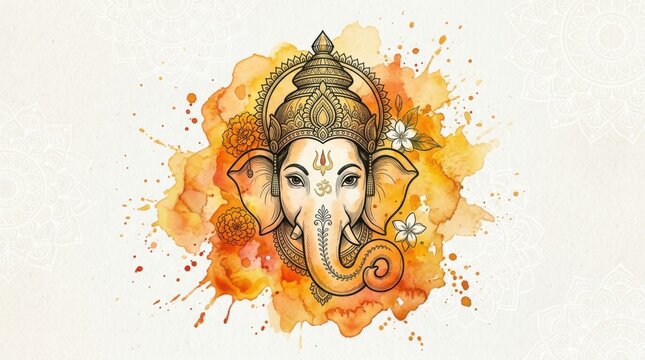 Orange Ganesha Watercolor Art