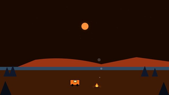 Minimalist orange camper van parks near a flickering campfire under the night sky in this smooth animated loop video footage.