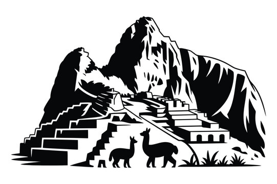 Machu picchu ancient ruins landmark illustration with llamas and andes mountains