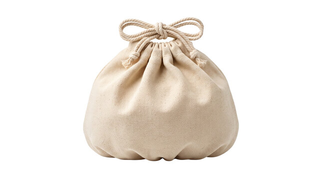Minimalist linen drawstring pouch, eco-friendly cotton fabric gift bag, beige textile jewelry sachet with rope bow, reusable canvas storage bag isolated on Transparent Background