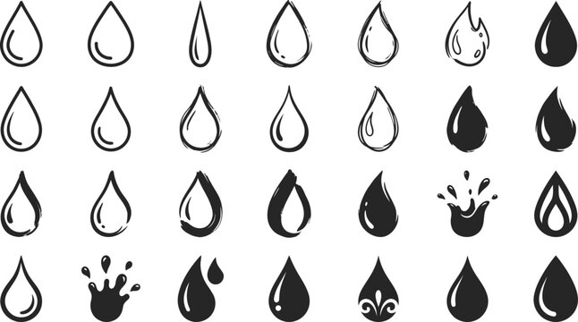 Assorted water drop icons and liquid splash shapes in hand drawn style with handdrawn collection illustration minimalist creative isolated abstract