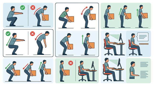 Infographic Showing Proper Body Mechanics for Lifting and Sitting