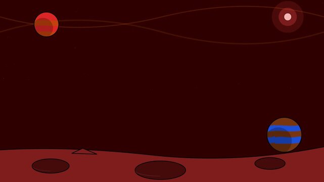 Red planet surface animation featuring celestial spheres and glowing orbital rings in a minimalist deep space digital motion video clip