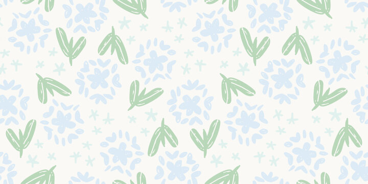 Seamless background pattern with dense hand drawn cute blue dandelion flowers and green leaves
