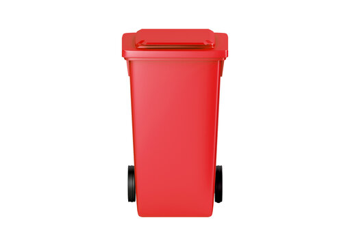 Red garbage bin with wheels for waste collection isolated on transparent background
