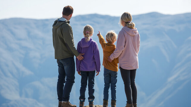 Family hiking on scenic trail wearing layered clothing, panoramic view