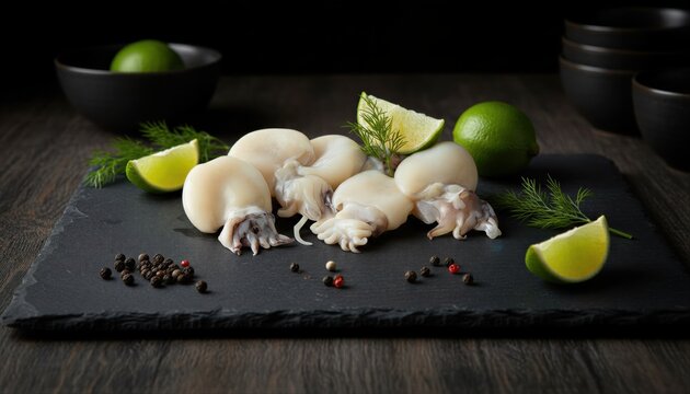 Gourmet baby cuttlefish with lime and herbs on dark slate