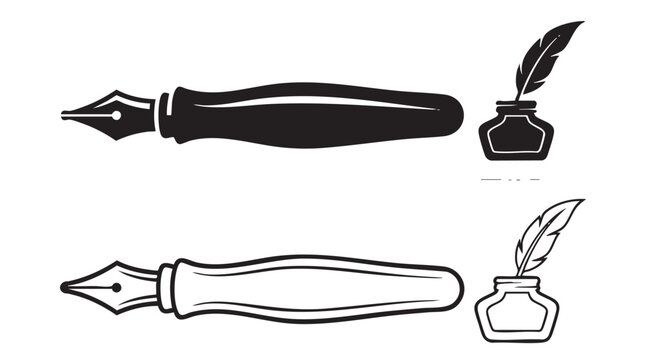 calligraphy pen and inkwell black vector silhouette with line art pair icon
