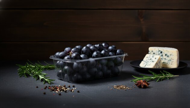 Gourmet black grapes in packaging on a dark slate with aged cheese