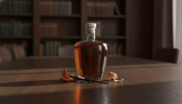 Amber spirit bottle on a dark oak table with aromatic spices